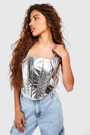 Silver Petite Metallic Seam Detail Corset Top