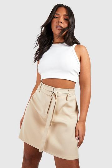 Plus Woven Double Belted Detail Mini Skirt stone