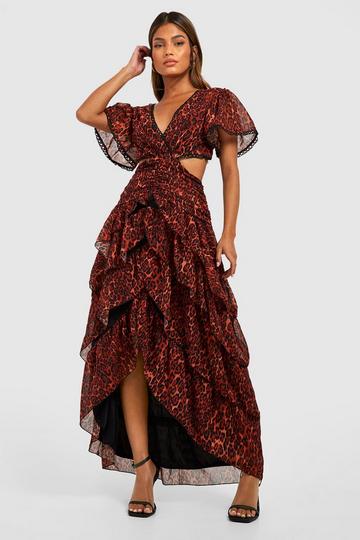 Brown Leopard Print Cut Out Midi Dress