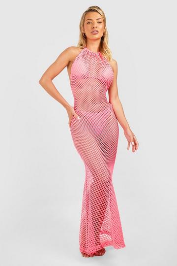 Fishnet Open Back Beach Maxi Dress baby pink
