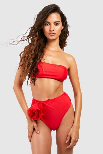 Rose Corsage Bandeau High Waisted Bikini Set red