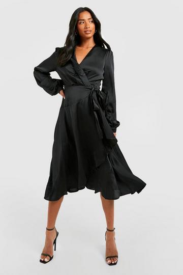 Petite Satin Wrap Detail Midi Skater Dress black