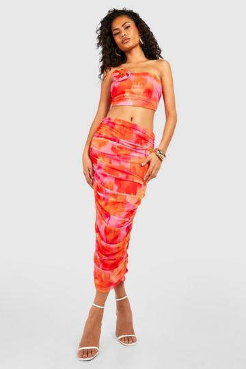 Blurred Floral Ruched Mesh Corsage Top & Midi Skirt pink
