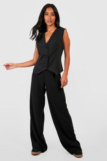 Petite High Waisted Woven Wide Leg Trousers BEH black