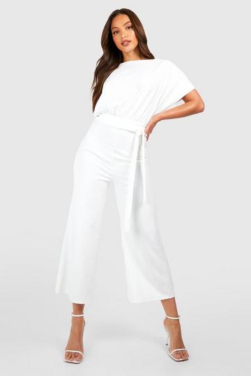 White Tall Boat Neck Tie Waist Culotte Jumpsuit