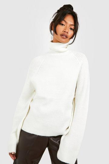 Cream White Knitted Turtleneck Sweater With Raglan Sleeve