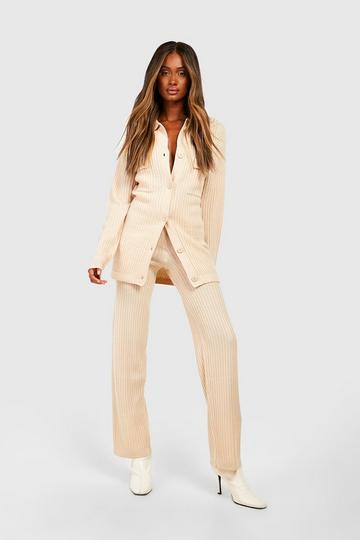 Stone Beige Knitted Shirt & Wide Leg Trouser Co-ord