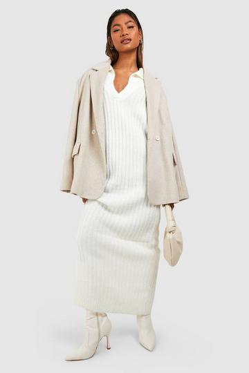 Cream White Soft Wide Rib Polo Collar Maxi Jumper Dress