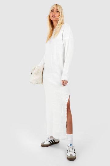 Cream White Soft Rib Knit Midi Sweater Dress