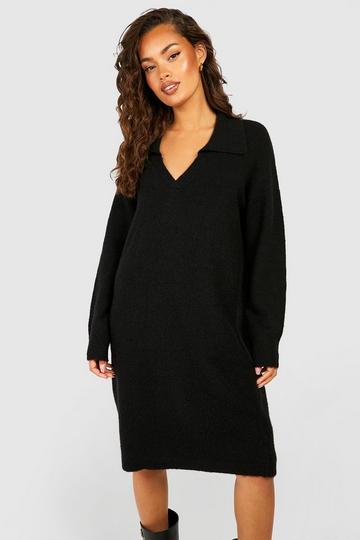 Black Soft Knit Collared Sweater Dress