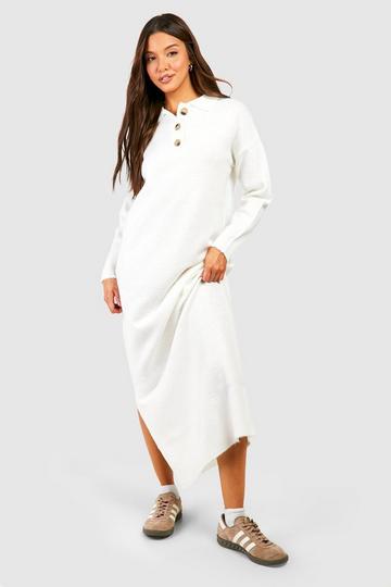 Cream White Polo Button Collar Knitted Maxi Dress