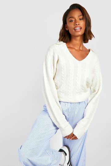 Soft Cable Knit Polo Collar Jumper white