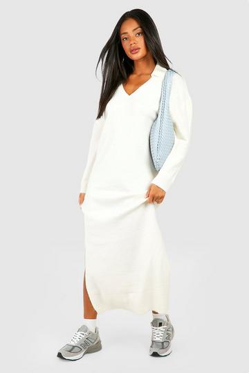 Polo Collar Soft Knit Fine Gauge Maxi Dress ecru