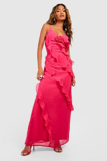 Pink Rose Corsage Detail Ruffle Maxi Dress