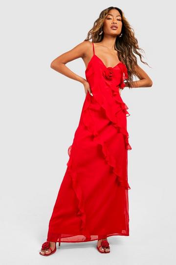 Rose Corsage Detail Ruffle Maxi Dress red
