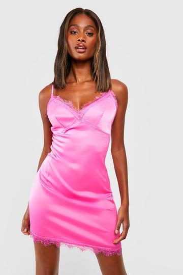 Lace Trim Satin Slip Dress hot pink