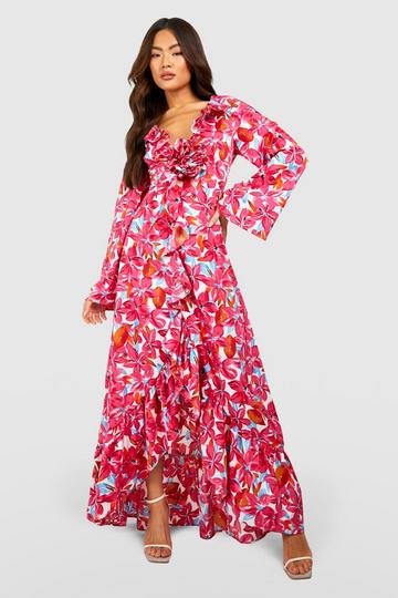 Rose Corsage Detail Ruffle Maxi Dress pink