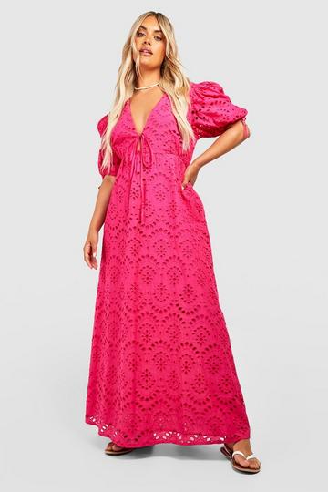 Plus Eyelet Puff Sleeve Tie Front Maxi Dress hot pink