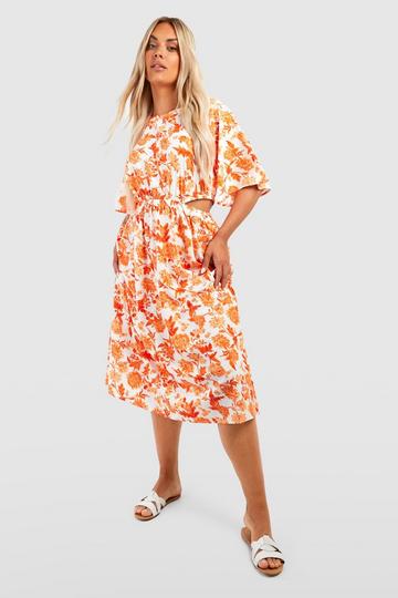 Orange Plus Floral Angel Sleeve Midi Dress