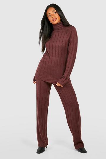 Wide Rib Roll Neck & Trouser Knitted Co-ord chocolate