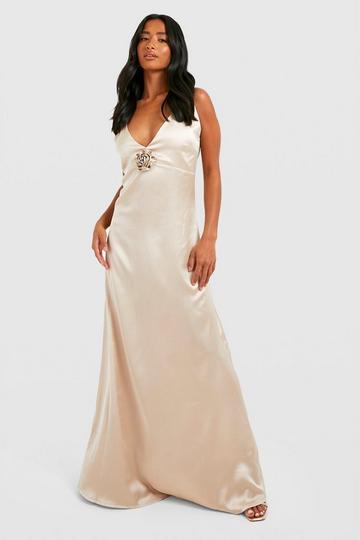 Petite Satin Occasion Rose Corsage Maxi Dress champagne