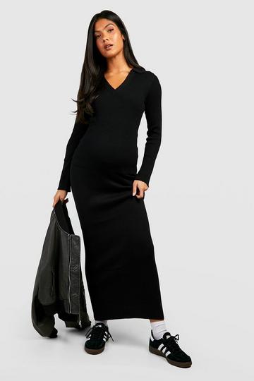 Maternity Polo Collar Rib Knit Top And Maxi Skirt Set black