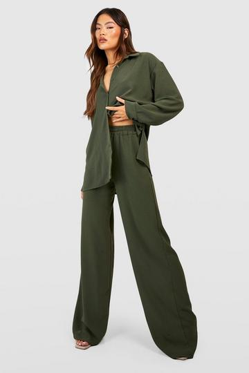 Khaki Textured Relaxed Fit Wide Leg Pants