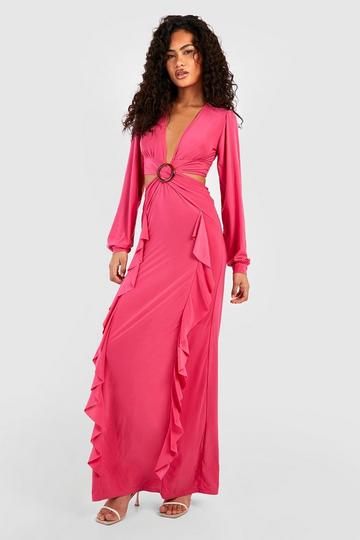 Pink Slinky Ruffle Plunge Maxi Dress