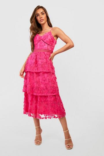 Premium Lace Tiered Midi Dress hot pink