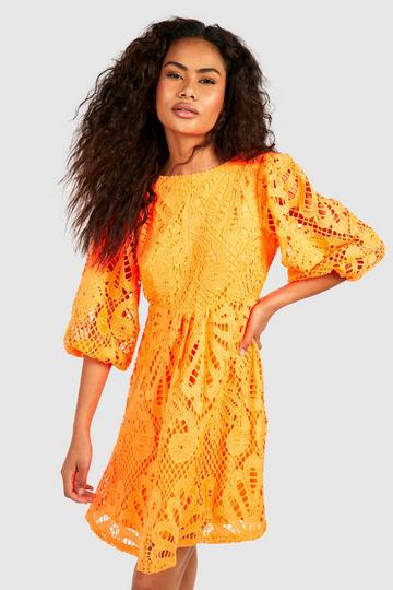 Premium Lace Puff Sleeve Smock Dress orange
