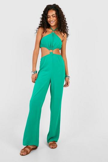 Green O Ring Textured Wide Leg Jumpsuit