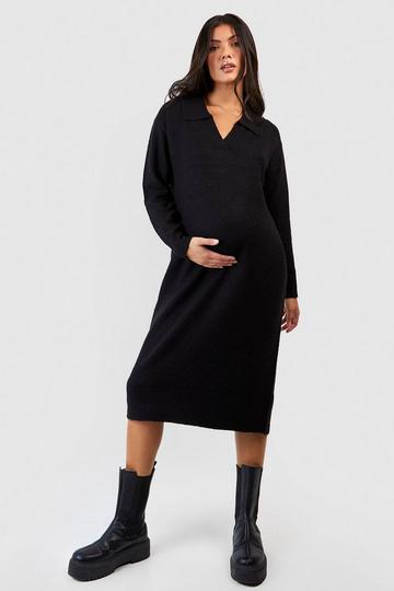 Maternity Soft Knit Collared Jumper Midi Dress black
