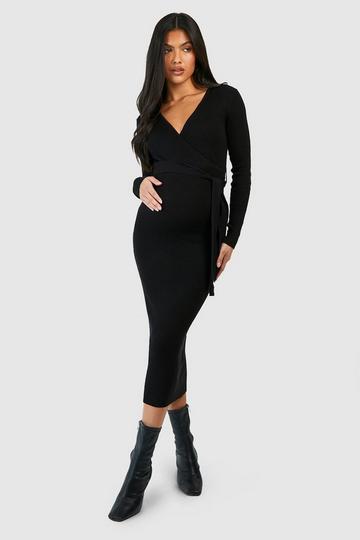Maternity Knitted Wrap Midi Dress black