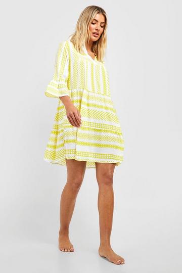Yellow Printed Tiered Shift Beach Kaftan Dress