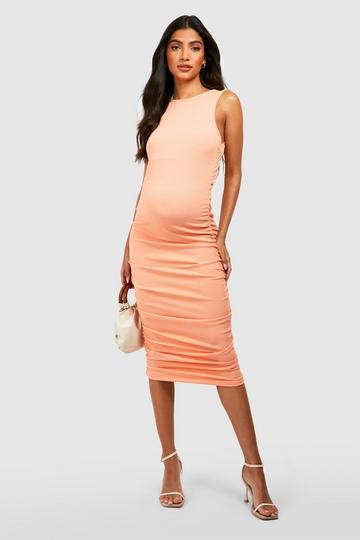 Coral Pink Maternity Crinkle Rib Ruched Racer Neck Bodycon Dress