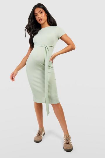 Sage Green Maternity Rib Belted Short Sleeve Midi Dress