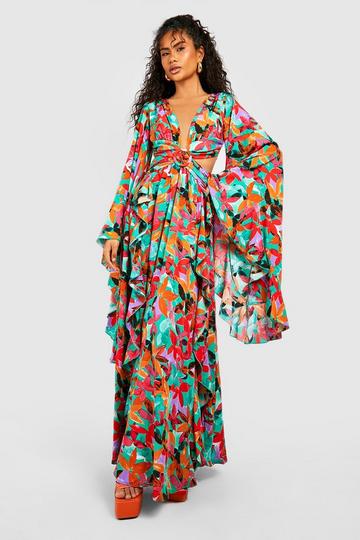 Floral Chiffon Print Cut Out Maxi Dress green