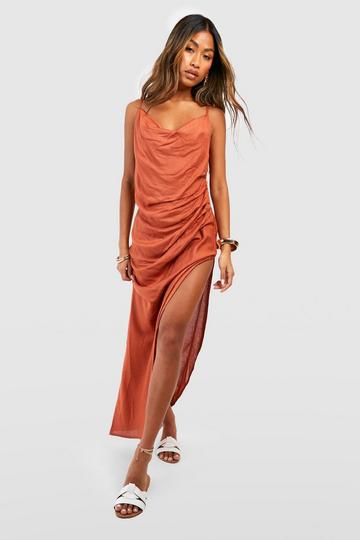 Terracotta Orange Linen Strappy Draped Midi Dress