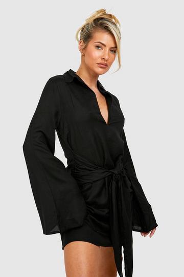 Black Linen Tie Detail Shirt Mini Beach Dress
