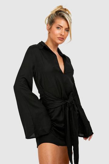 Linen Tie Detail Shirt Mini Beach Dress black