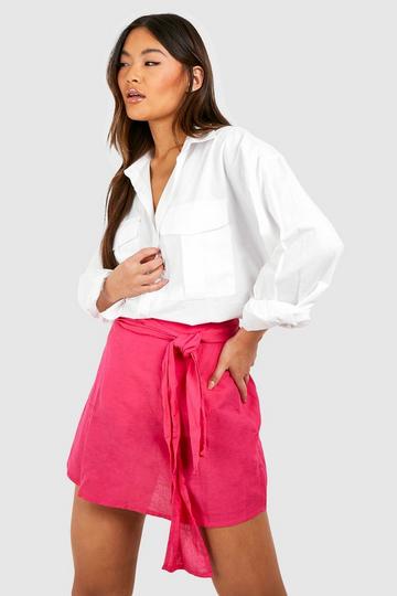 Linen Tie Waist Mini Skirt pink