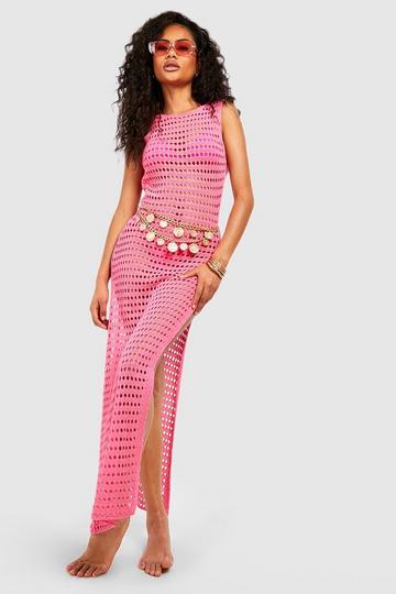 Crochet Knit Low Back Maxi Beach Dress pink