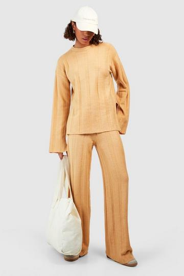 Tall Soft Knit Wide Rib Sweater And Flares Knitted Two-Piece camel