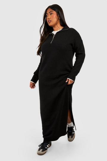 Black Plus Zip Polo Collar Knitted Maxi Dress