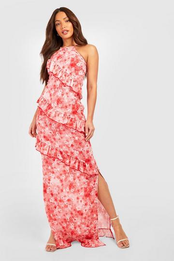 Tall Blurred Ditsy Floral Halter Ruffle Maxi Dress pink