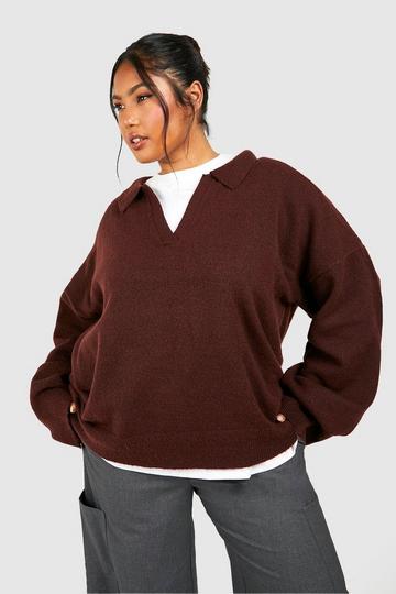 Plus Collared Soft Knit Oversized Sweater chocolate