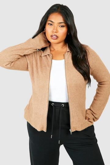Plus Collared Soft Knit Zip Cardigan taupe
