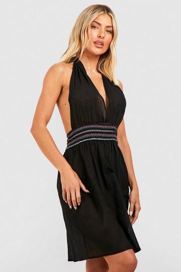 Black Linen Look Trim Detail Halterneck Beach Dress