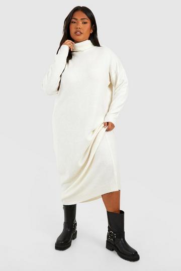 White Plus Soft Knit Roll Neck Midi Dress