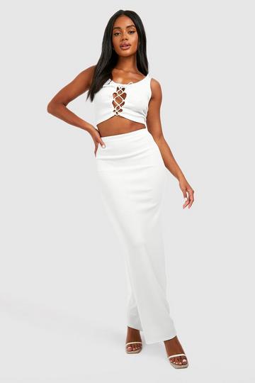 Cream White Ribbed Column Maxi Skirt